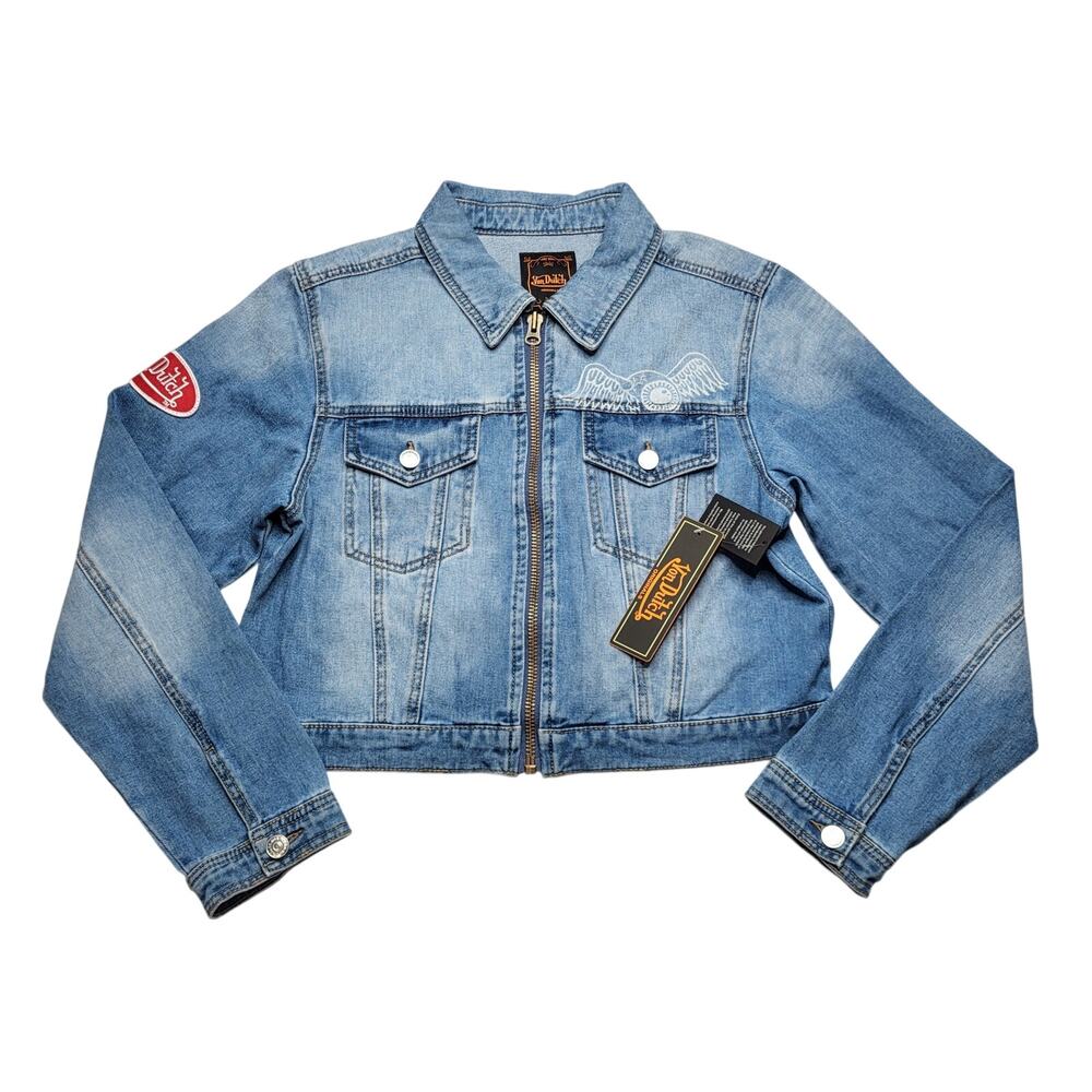 Von Dutch Y2K Cotton Denim Jean Trucker Crop Jacket Embroidered Logo Patch Large